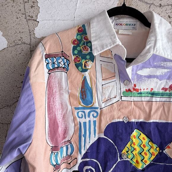 Whimsical 80s Cat Fishbowl Shirt Vintage Art Print Button Down Cotton USA - Picture 4 of 4